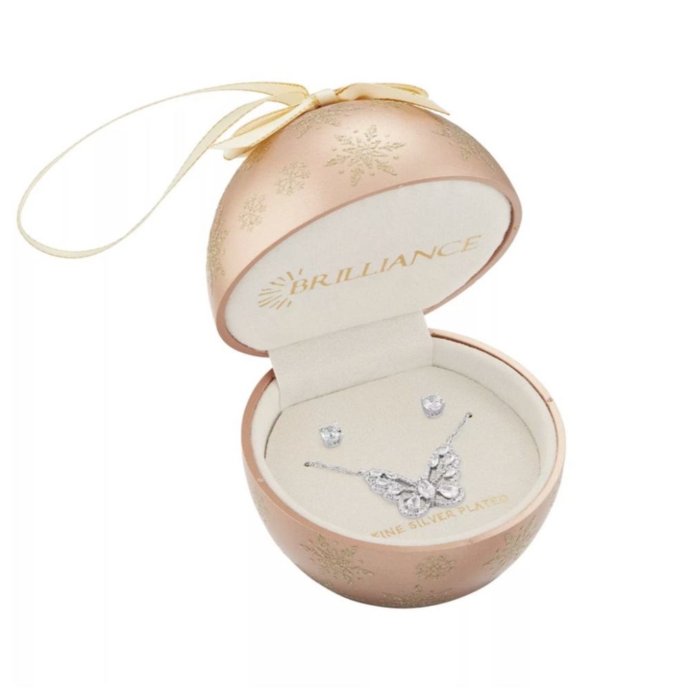 Brilliance Silver Plated Cubic Zirconia Stud Earrings/Butterfly Necklace Set